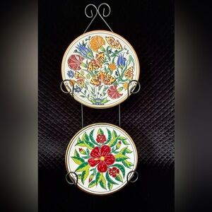 Vintage Manousakis-Keramik Rodos Greece Hand Painted Plates 7-1/4” D Gold Rimmed